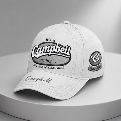 CAMPBELL  TC05 HH79  Personalized Distressed Baseball Cap, Custom Retro Trucker Hat, Statement Dad Cap, White version