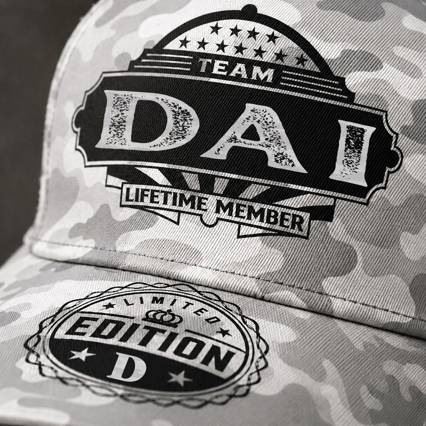 DAI TC01 HH79 Team Your Name Hat, Personalized Camo Baseball Cap, Custom Family Gift, Gift for Him Her