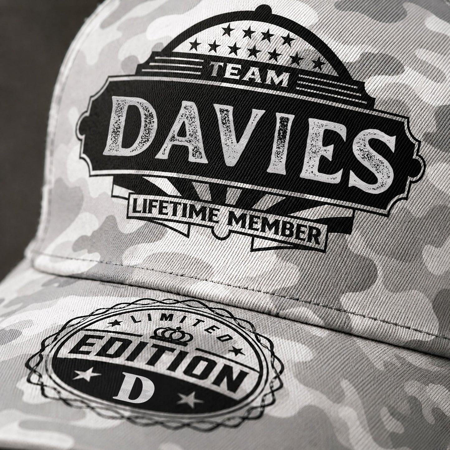 DAVIES TC01 HH79 Team Your Name Hat, Personalized Camo Baseball Cap, Custom Family Gift, Gift for Him Her