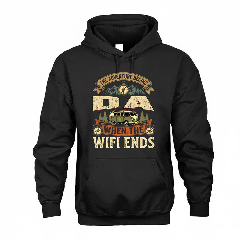 DA TT898-K6-229 – Personalized Funny Camping Quote Apparel “The Adventure Begins When The WiFi Ends”