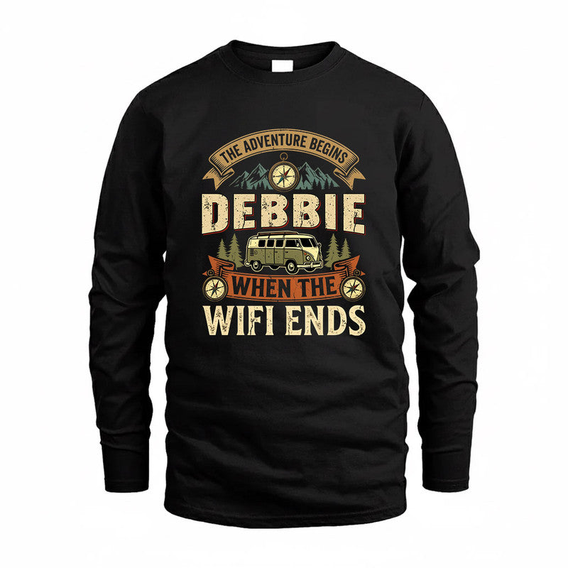 DEBBIE TT898-K6-229 – Personalized Funny Camping Quote Apparel “The Adventure Begins When The WiFi Ends”