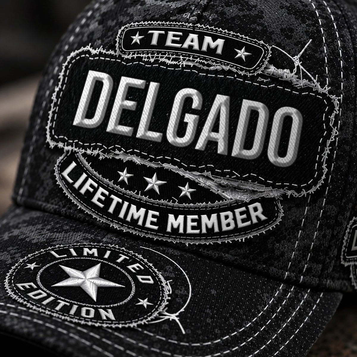 DELGADO TC03 HH79  Personalized Black Camo Baseball Cap, Custom Name Family Hat