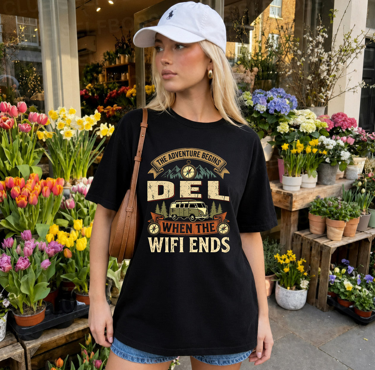 DEL TT898-K6-229 – Personalized Funny Camping Quote Apparel “The Adventure Begins When The WiFi Ends”