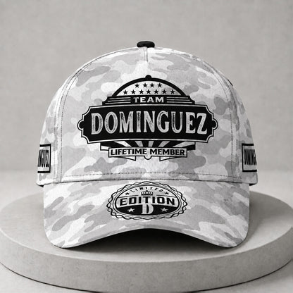 DOMINGUEZ TC01 HH79 Team Your Name Hat, Personalized Camo Baseball Cap, Custom Family Gift, Gift for Him Her