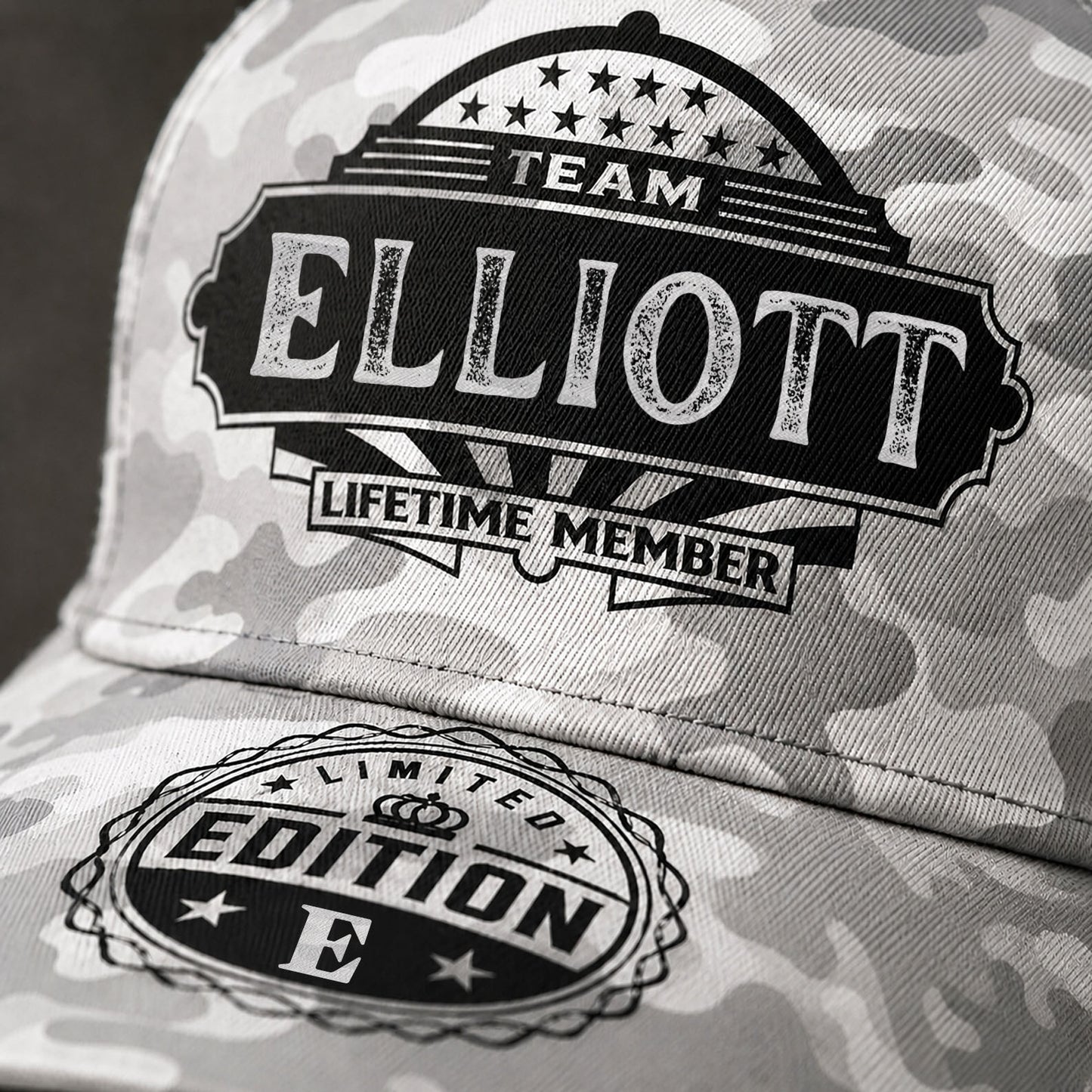 ELLIOTT TC01 HH79 Team Your Name Hat, Personalized Camo Baseball Cap, Custom Family Gift, Gift for Him Her
