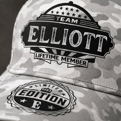ELLIOTT TC01 HH79 Team Your Name Hat, Personalized Camo Baseball Cap, Custom Family Gift, Gift for Him Her