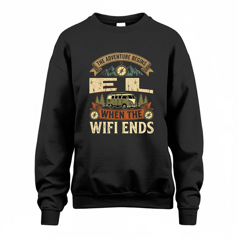 EL TT898-K6-229 – Personalized Funny Camping Quote Apparel “The Adventure Begins When The WiFi Ends”