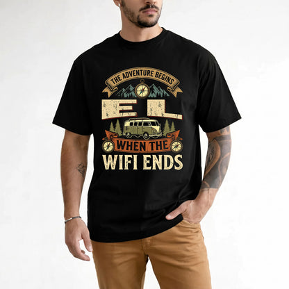 EL TT898-K6-229 – Personalized Funny Camping Quote Apparel “The Adventure Begins When The WiFi Ends”
