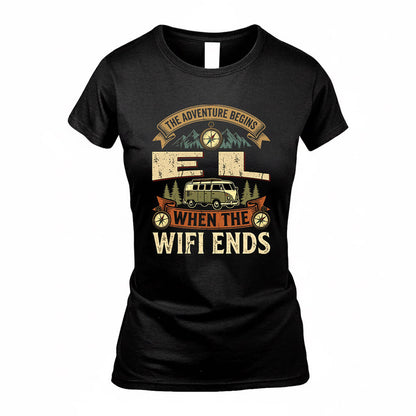 EL TT898-K6-229 – Personalized Funny Camping Quote Apparel “The Adventure Begins When The WiFi Ends”