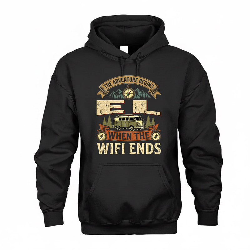 EL TT898-K6-229 – Personalized Funny Camping Quote Apparel “The Adventure Begins When The WiFi Ends”