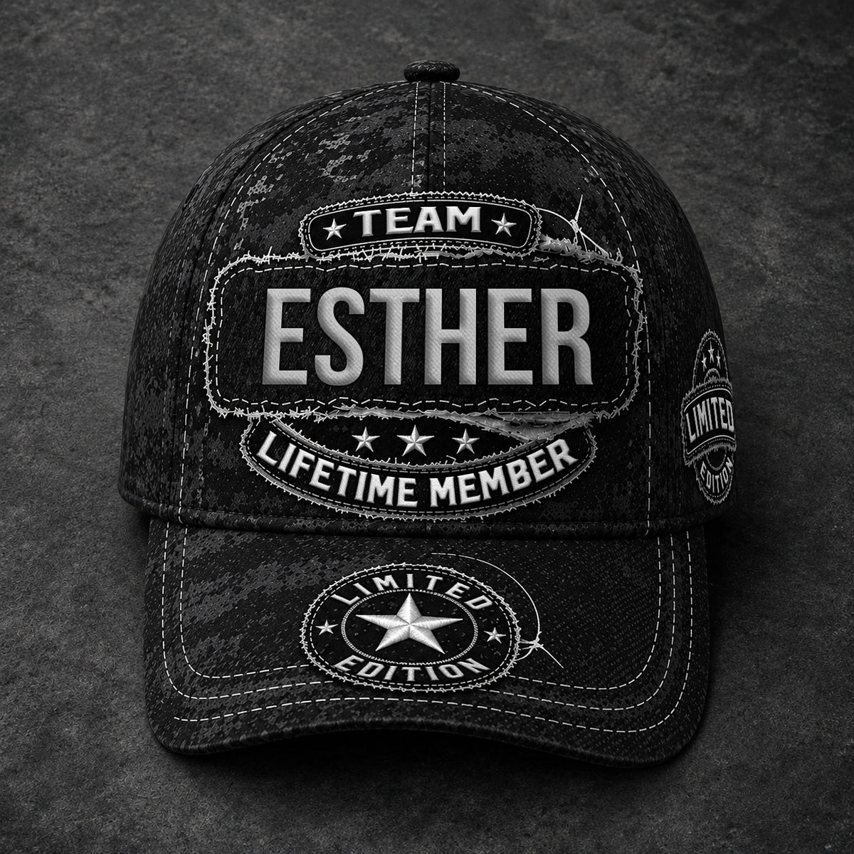 ESTHER TC03 HH79  Personalized Black Camo Baseball Cap, Custom Name Family Hat
