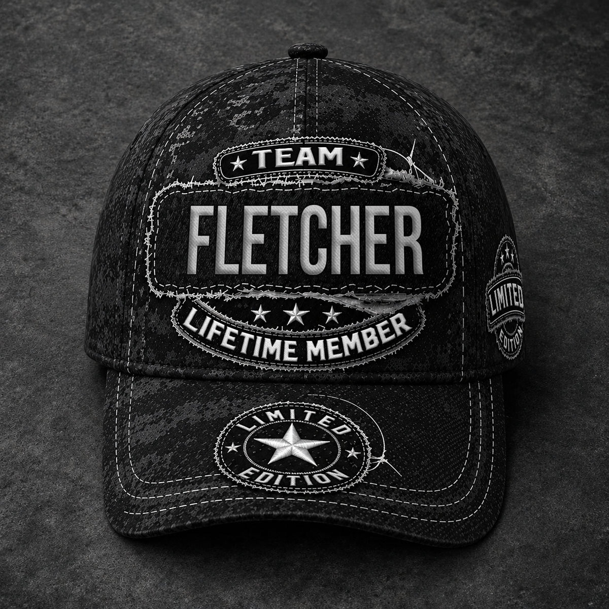 FLETCHER TC03 HH79  Personalized Black Camo Baseball Cap, Custom Name Family Hat
