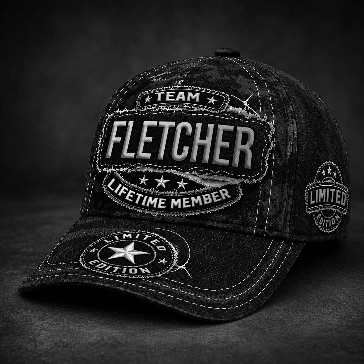 FLETCHER TC03 HH79  Personalized Black Camo Baseball Cap, Custom Name Family Hat