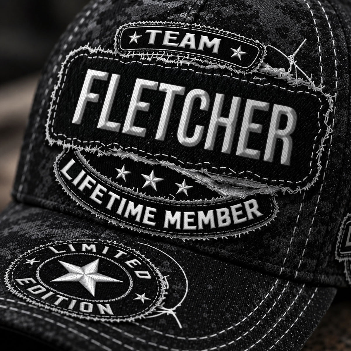 FLETCHER TC03 HH79  Personalized Black Camo Baseball Cap, Custom Name Family Hat