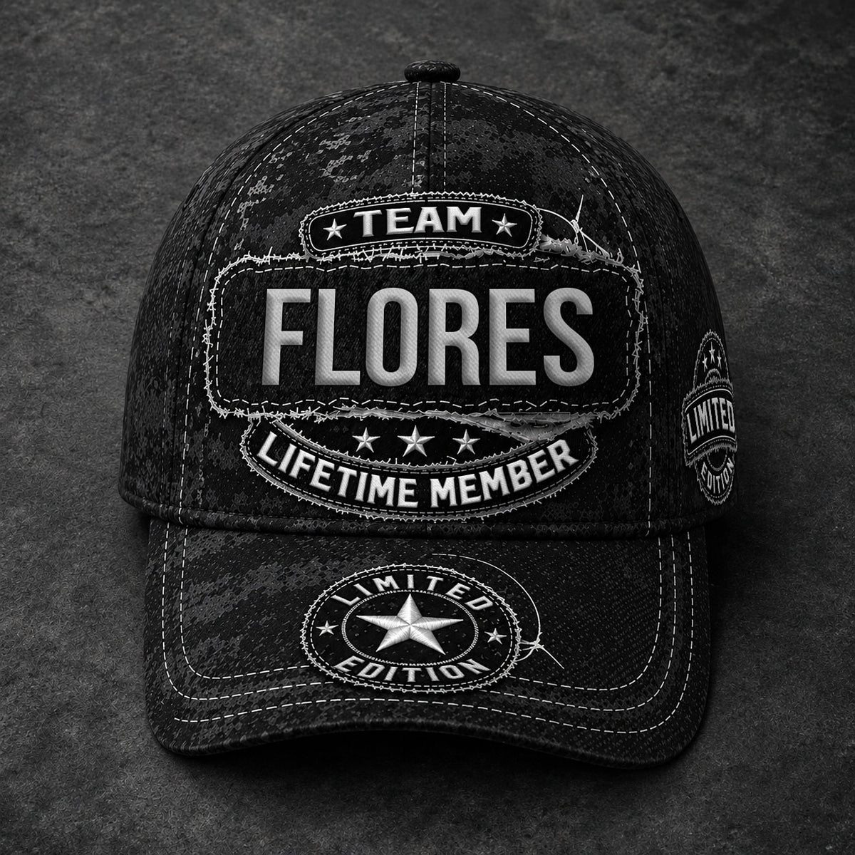 FLORES TC03 HH79  Personalized Black Camo Baseball Cap, Custom Name Family Hat