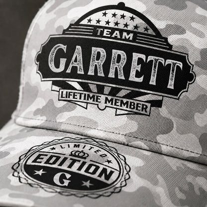 GARRETT TC01 HH79 Team Your Name Hat, Personalized Camo Baseball Cap, Custom Family Gift, Gift for Him Her
