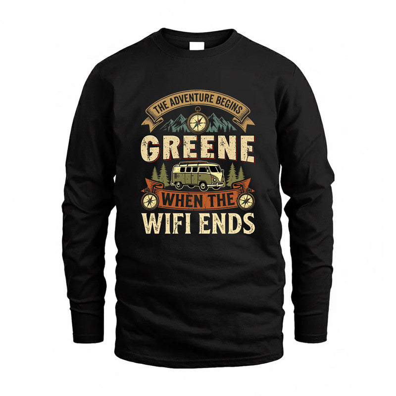GREENE TT898-K6-229 – Personalized Funny Camping Quote Apparel “The Adventure Begins When The WiFi Ends”