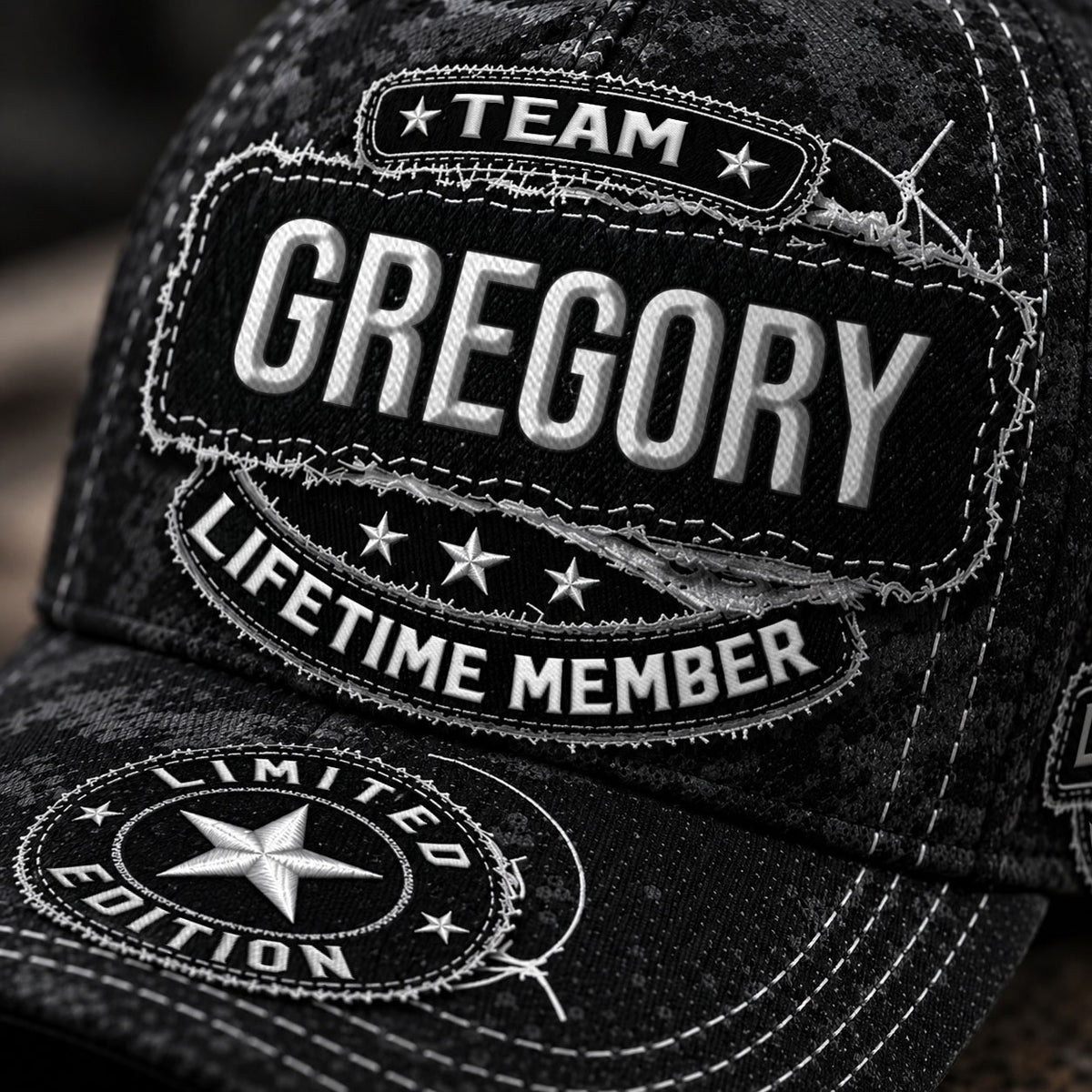 GREGORY TC03 HH79  Personalized Black Camo Baseball Cap, Custom Name Family Hat