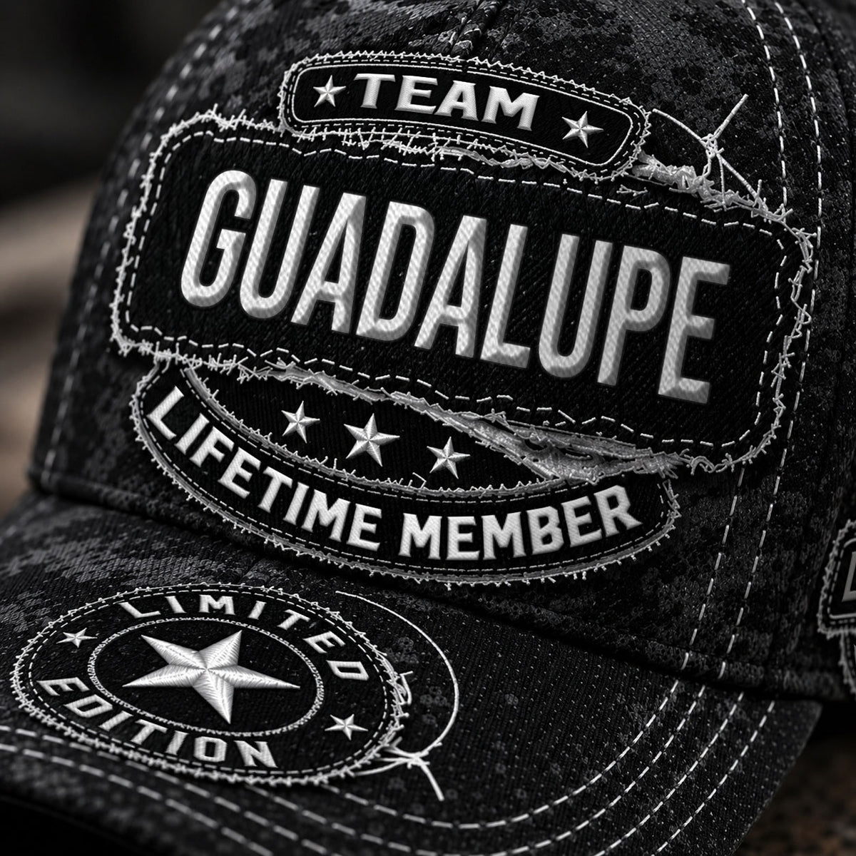 GUADALUPE TC03 HH79  Personalized Black Camo Baseball Cap, Custom Name Family Hat