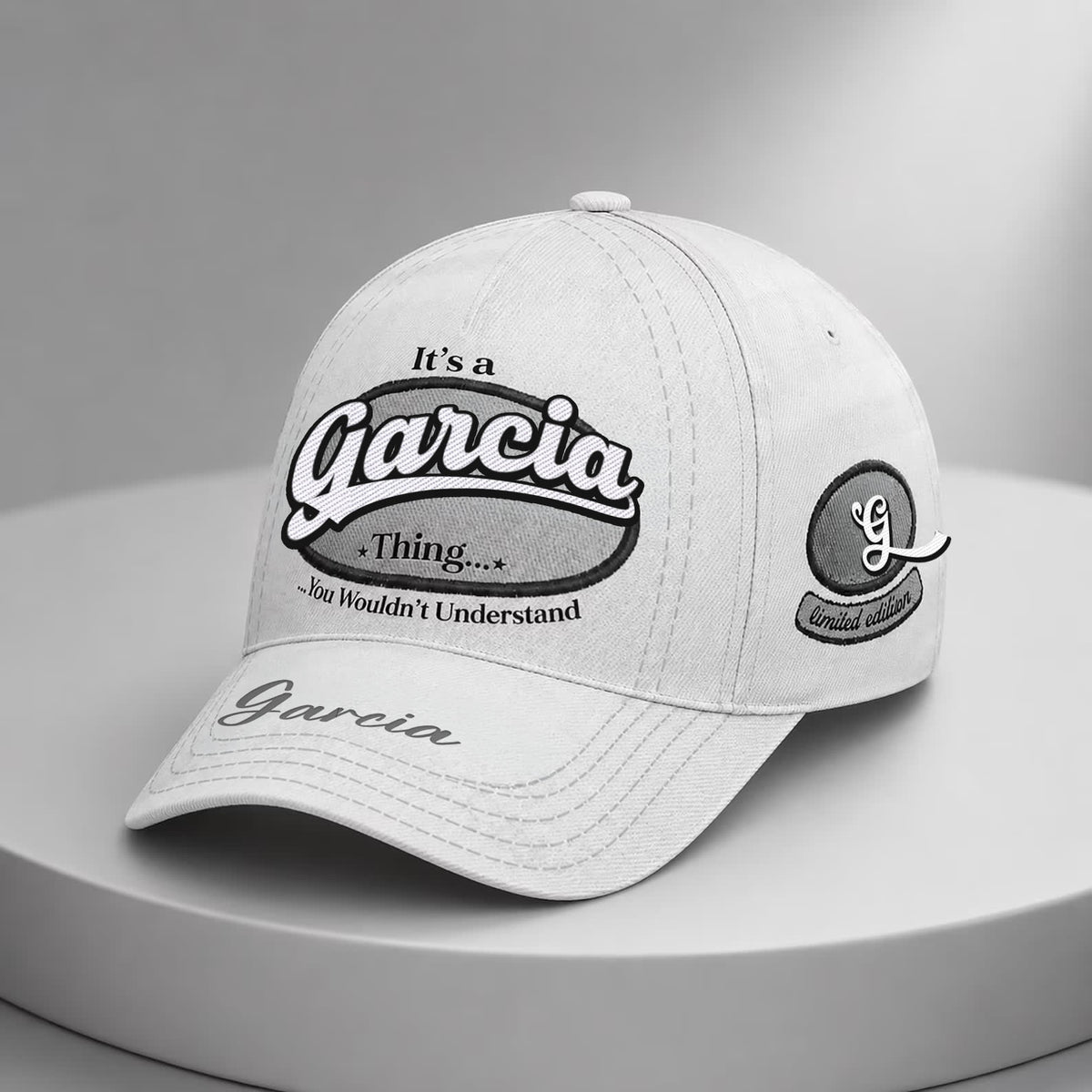 GARCIA  TC05 HH79  Personalized Distressed Baseball Cap, Custom Retro Trucker Hat, Statement Dad Cap, White version