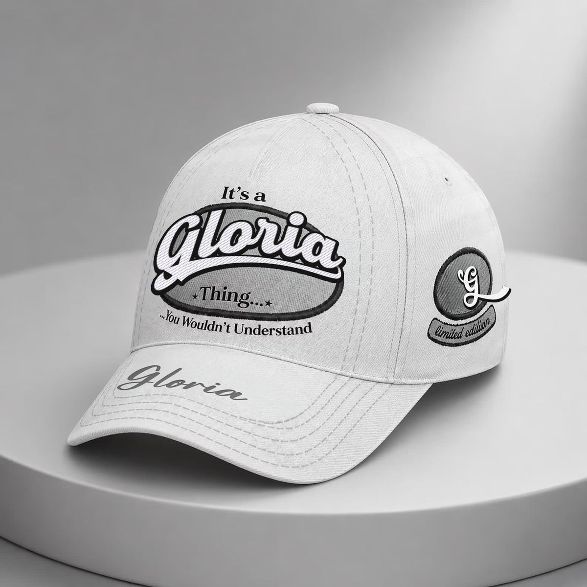 GLORIA  TC05 HH79  Personalized Distressed Baseball Cap, Custom Retro Trucker Hat, Statement Dad Cap, White version