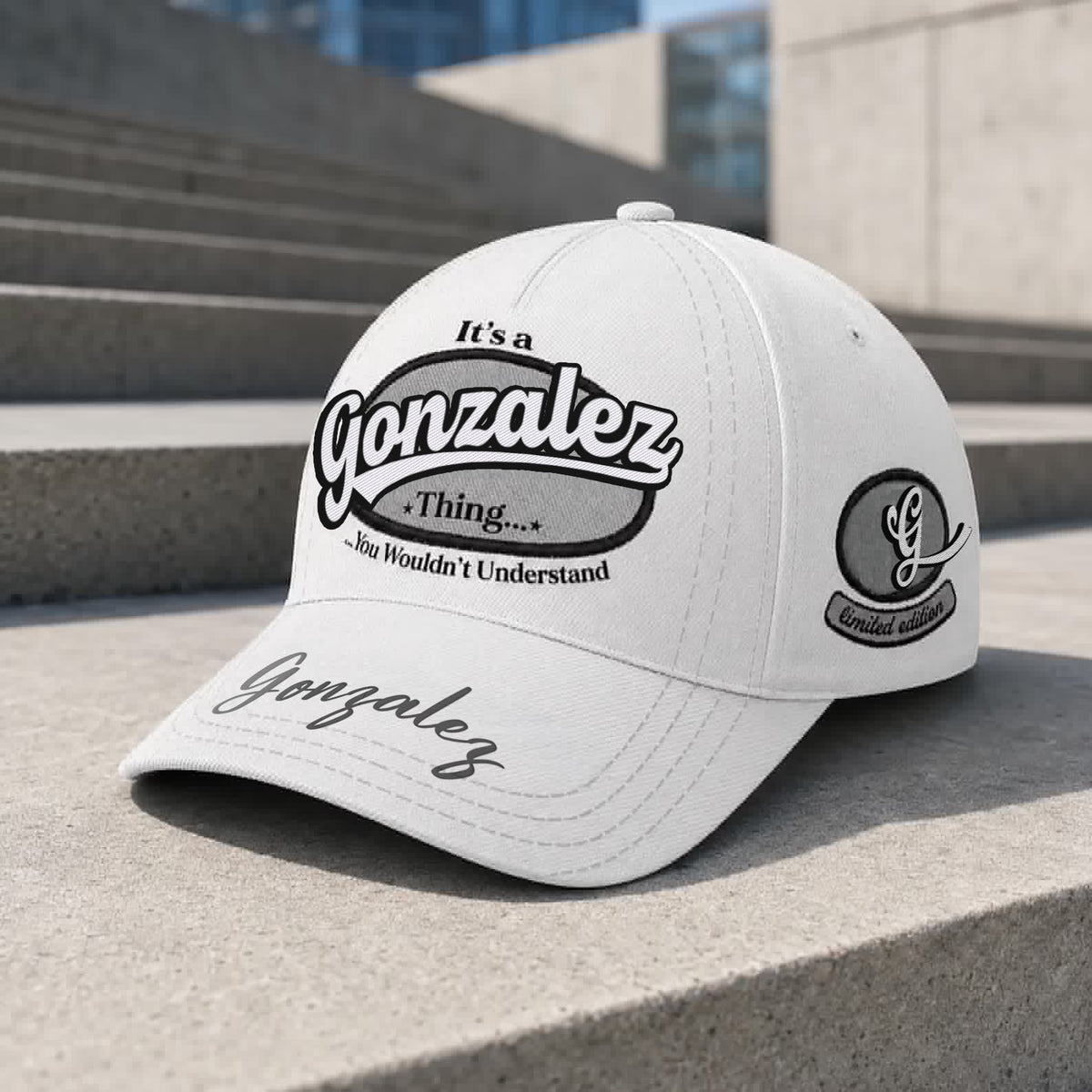 GONZALEZ  TC05 HH79  Personalized Distressed Baseball Cap, Custom Retro Trucker Hat, Statement Dad Cap, White version