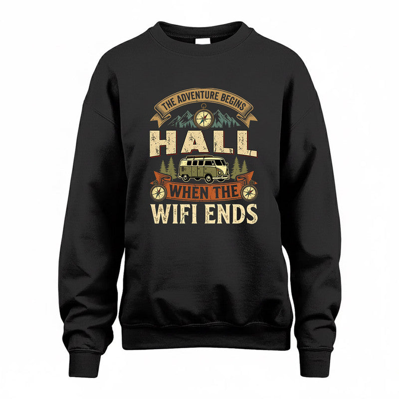 HALL TT898-K6-229 – Personalized Funny Camping Quote Apparel “The Adventure Begins When The WiFi Ends”