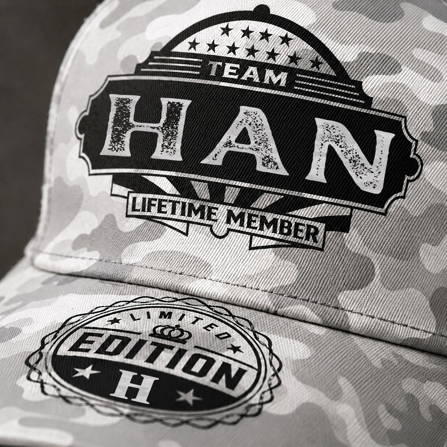 HAN TC01 HH79 Team Your Name Hat, Personalized Camo Baseball Cap, Custom Family Gift, Gift for Him Her