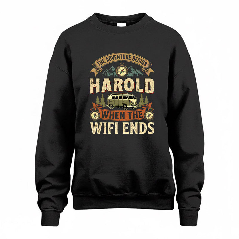 HAROLD TT898-K6-229 – Personalized Funny Camping Quote Apparel “The Adventure Begins When The WiFi Ends”