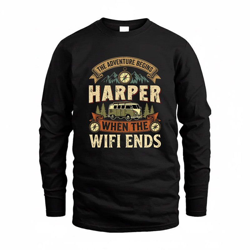 HARPER TT898-K6-229 – Personalized Funny Camping Quote Apparel “The Adventure Begins When The WiFi Ends”