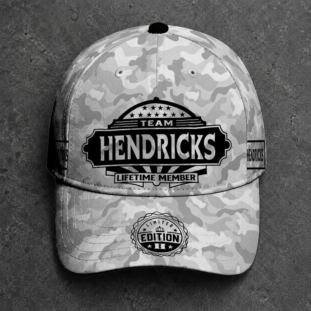 HENDRICKS TC01 HH79 Team Your Name Hat, Personalized Camo Baseball Cap, Custom Family Gift, Gift for Him Her