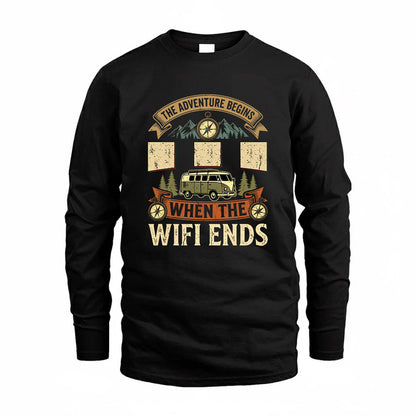 III TT898-K6-229 – Personalized Funny Camping Quote Apparel “The Adventure Begins When The WiFi Ends”