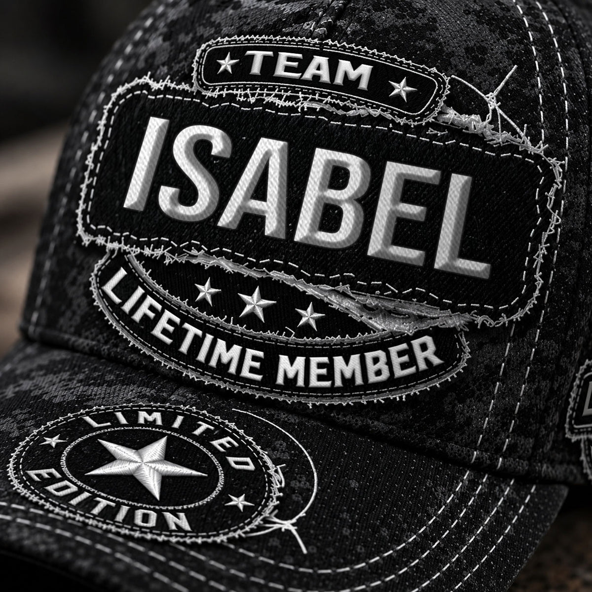 ISABEL TC03 HH79  Personalized Black Camo Baseball Cap, Custom Name Family Hat