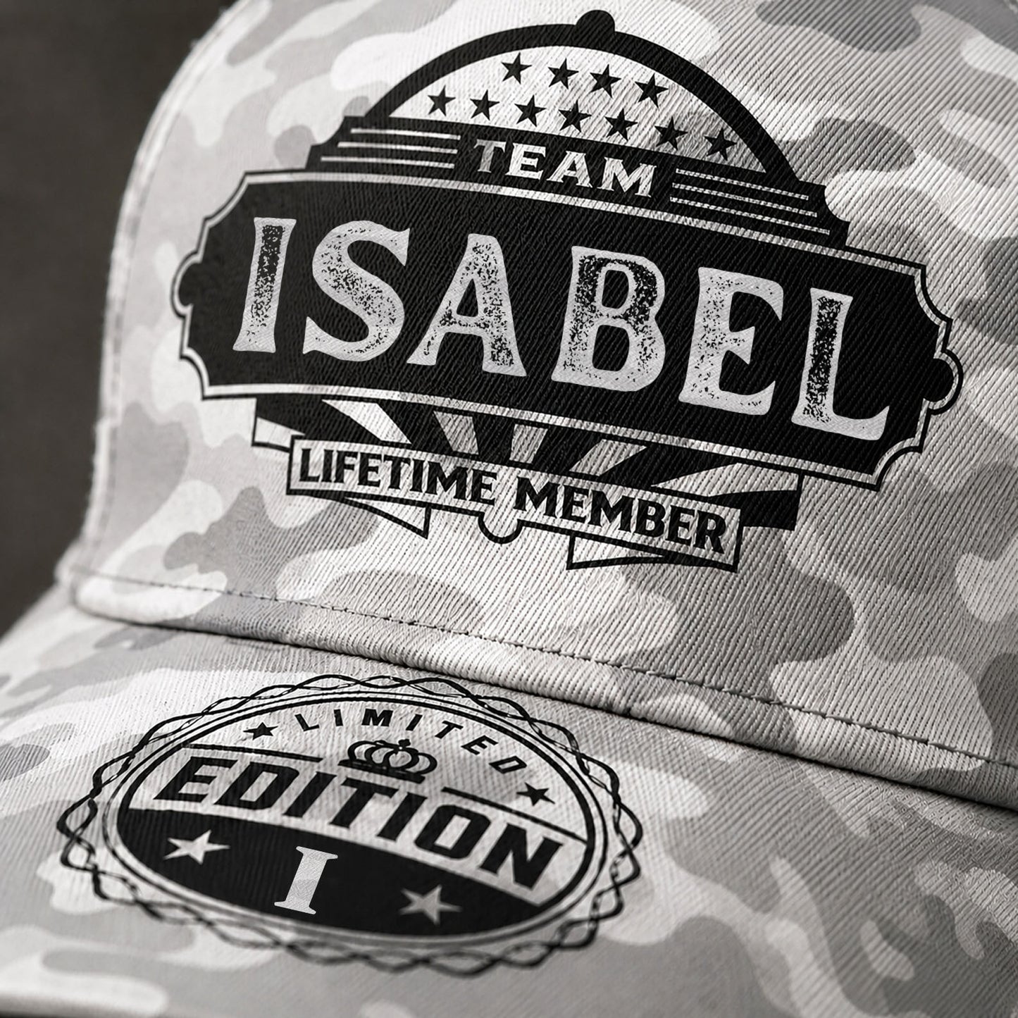 ISABEL TC01 HH79 Team Your Name Hat, Personalized Camo Baseball Cap, Custom Family Gift, Gift for Him Her