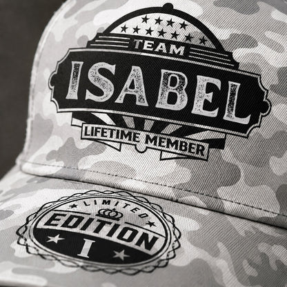 ISABEL TC01 HH79 Team Your Name Hat, Personalized Camo Baseball Cap, Custom Family Gift, Gift for Him Her