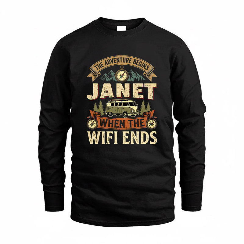JANET TT898-K6-229 – Personalized Funny Camping Quote Apparel “The Adventure Begins When The WiFi Ends”