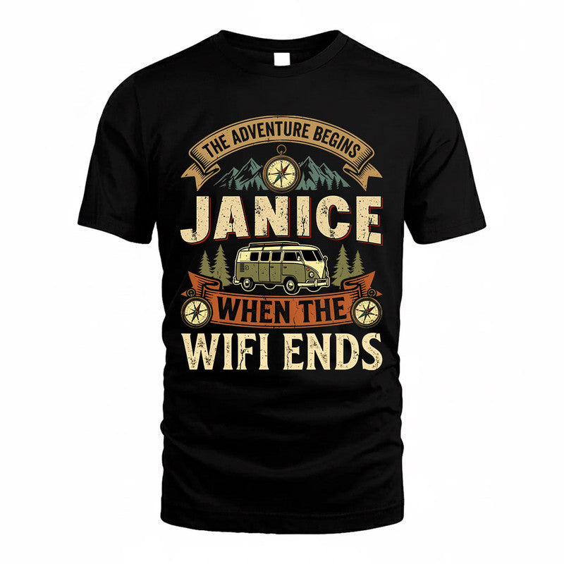JANICE TT898-K6-229 – Personalized Funny Camping Quote Apparel “The Adventure Begins When The WiFi Ends”