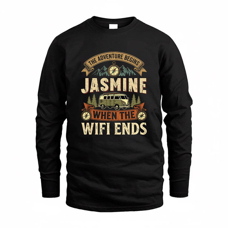 JASMINE TT898-K6-229 – Personalized Funny Camping Quote Apparel “The Adventure Begins When The WiFi Ends”