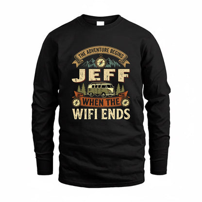 JEFF TT898-K6-229 – Personalized Funny Camping Quote Apparel “The Adventure Begins When The WiFi Ends”