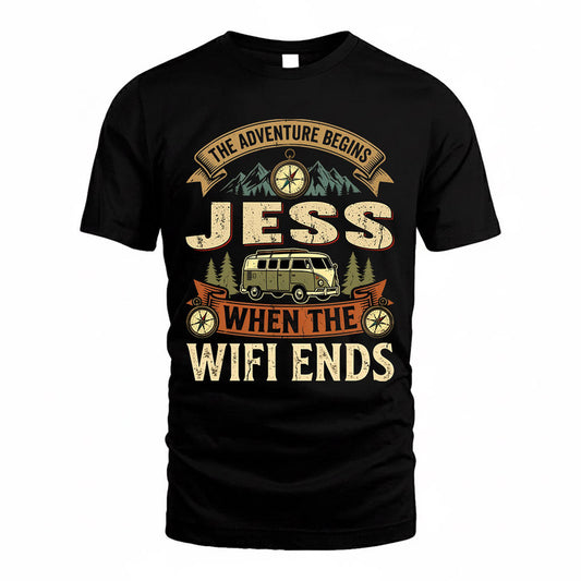JESS TT898-K6-229 – Personalized Funny Camping Quote Apparel “The Adventure Begins When The WiFi Ends”