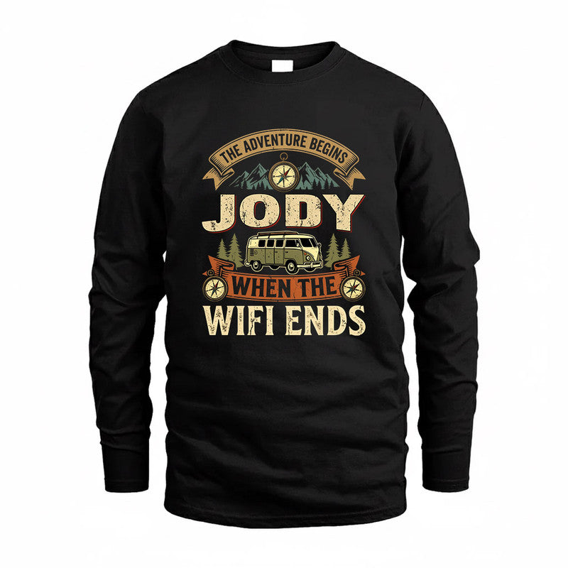 JODY TT898-K6-229 – Personalized Funny Camping Quote Apparel “The Adventure Begins When The WiFi Ends”
