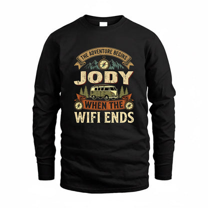 JODY TT898-K6-229 – Personalized Funny Camping Quote Apparel “The Adventure Begins When The WiFi Ends”