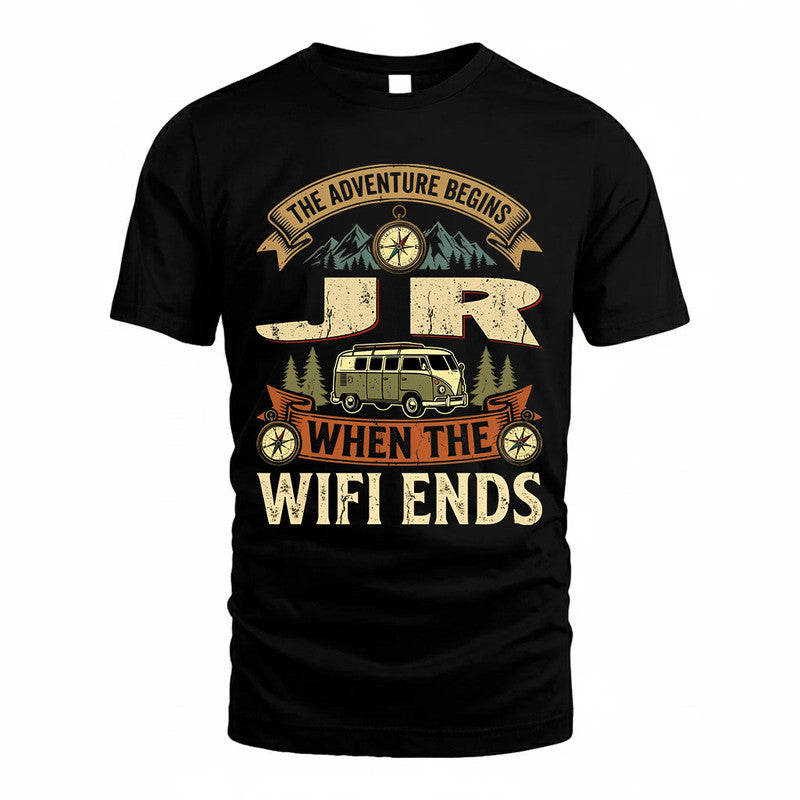 JR TT898-K6-229 – Personalized Funny Camping Quote Apparel “The Adventure Begins When The WiFi Ends”