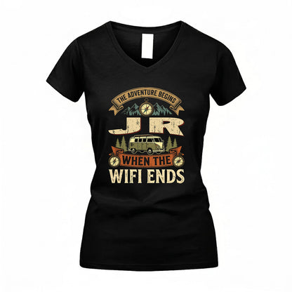 JR TT898-K6-229 – Personalized Funny Camping Quote Apparel “The Adventure Begins When The WiFi Ends”
