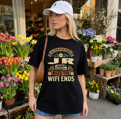 JR TT898-K6-229 – Personalized Funny Camping Quote Apparel “The Adventure Begins When The WiFi Ends”