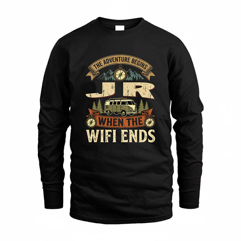 JR TT898-K6-229 – Personalized Funny Camping Quote Apparel “The Adventure Begins When The WiFi Ends”