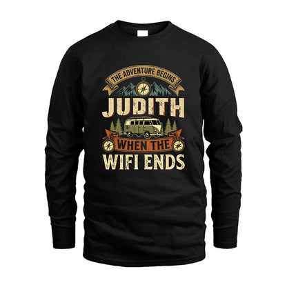 JUDITH TT898-K6-229 – Personalized Funny Camping Quote Apparel “The Adventure Begins When The WiFi Ends”