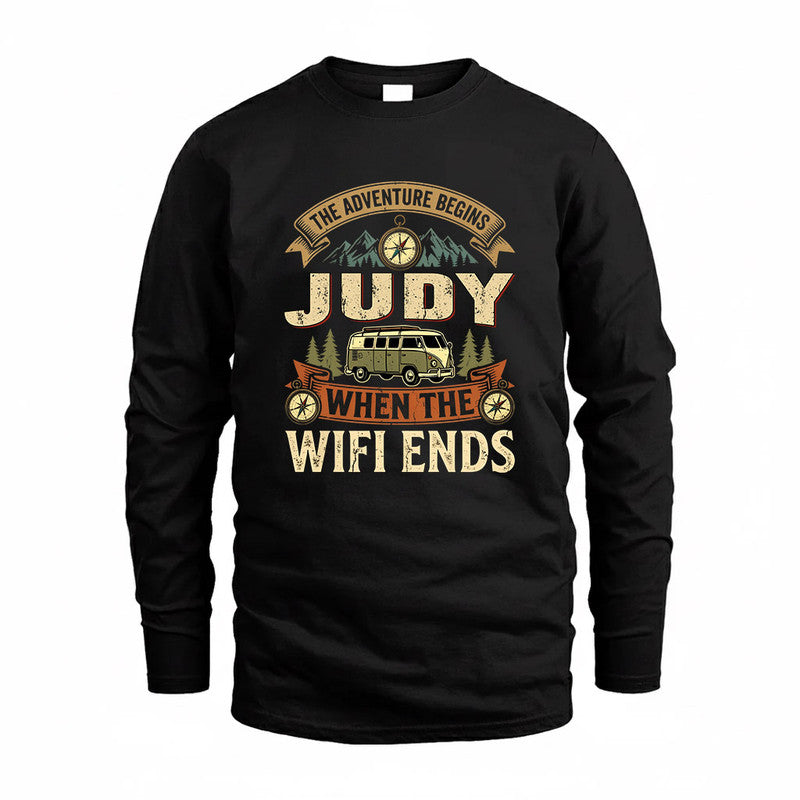 JUDY TT898-K6-229 – Personalized Funny Camping Quote Apparel “The Adventure Begins When The WiFi Ends”