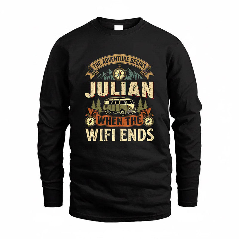 JULIAN TT898-K6-229 – Personalized Funny Camping Quote Apparel “The Adventure Begins When The WiFi Ends”
