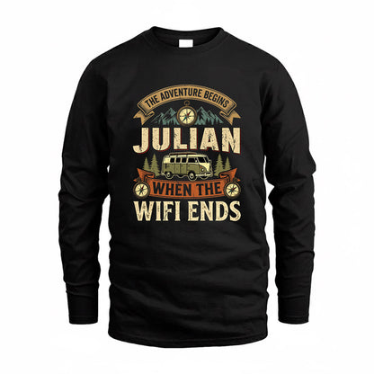 JULIAN TT898-K6-229 – Personalized Funny Camping Quote Apparel “The Adventure Begins When The WiFi Ends”